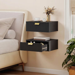 Modern Floating Nightstands, Set of 2, Wall Mounted, Wave Drawer, Black