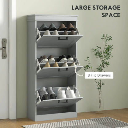Slim Shoe Cabinet with 3 Flip Drawers and Adjustable Shelves, Narrow Shoe Cabinet for 15 Pairs of Shoes, Grey Shoe Storage Cabinets & Racks at Gallery Canada
