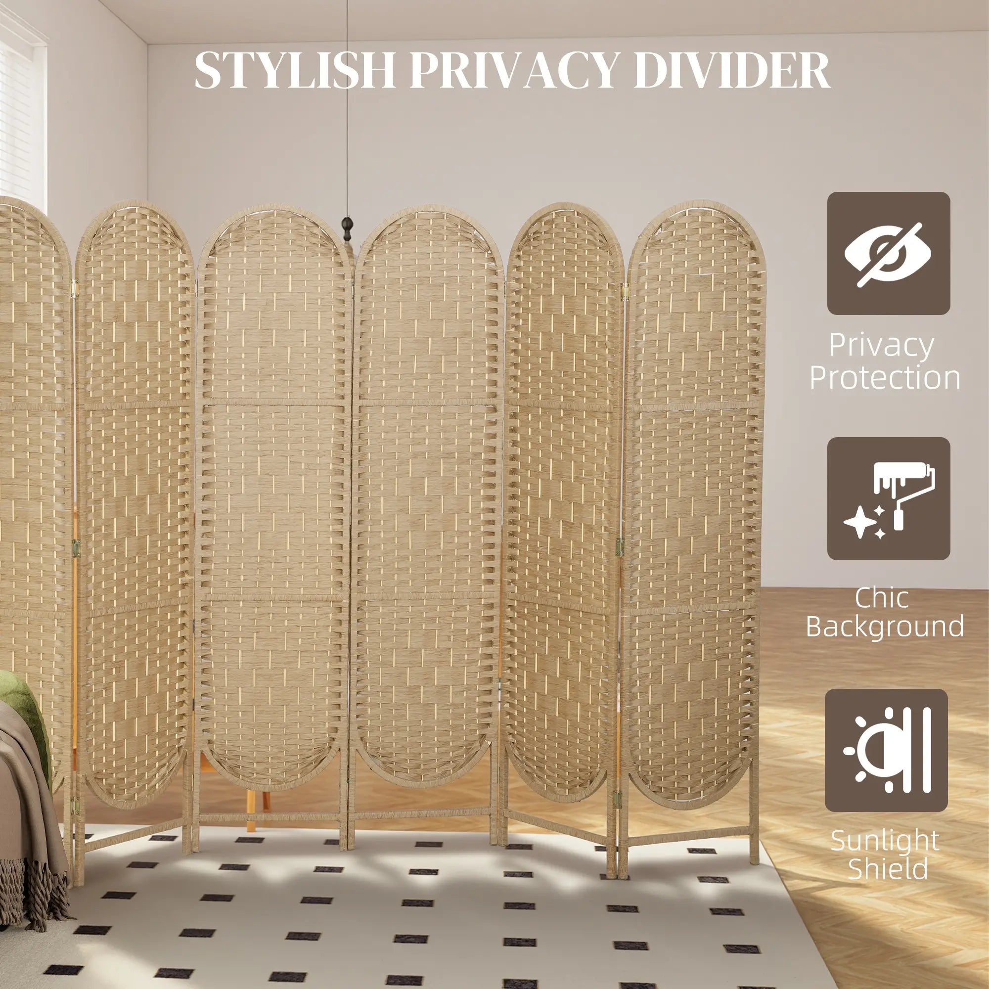 6 Panel Bohemian Privacy Screen, Arched Top Room Divider, Natural Wood Room Dividers at Gallery Canada