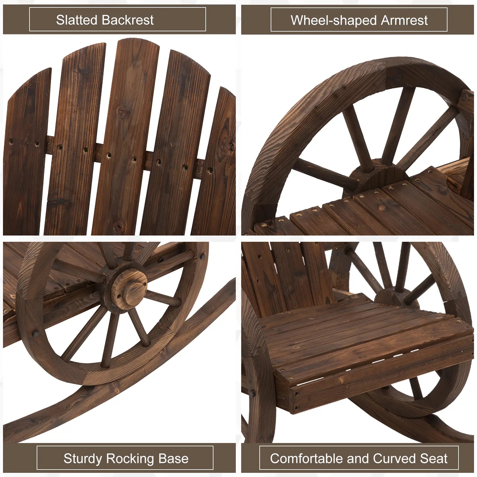 Wooden Rocking Chair, Outdoor Rocker with Slatted Design, Wheel Armrests, Carbonized Outdoor Rocking Chairs at Gallery Canada