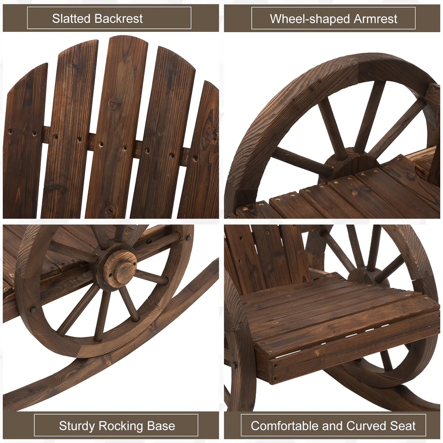 Wooden Rocking Chair, Outdoor Rocker with Slatted Design, Wheel Armrests, Carbonized Outdoor Rocking Chairs at Gallery Canada