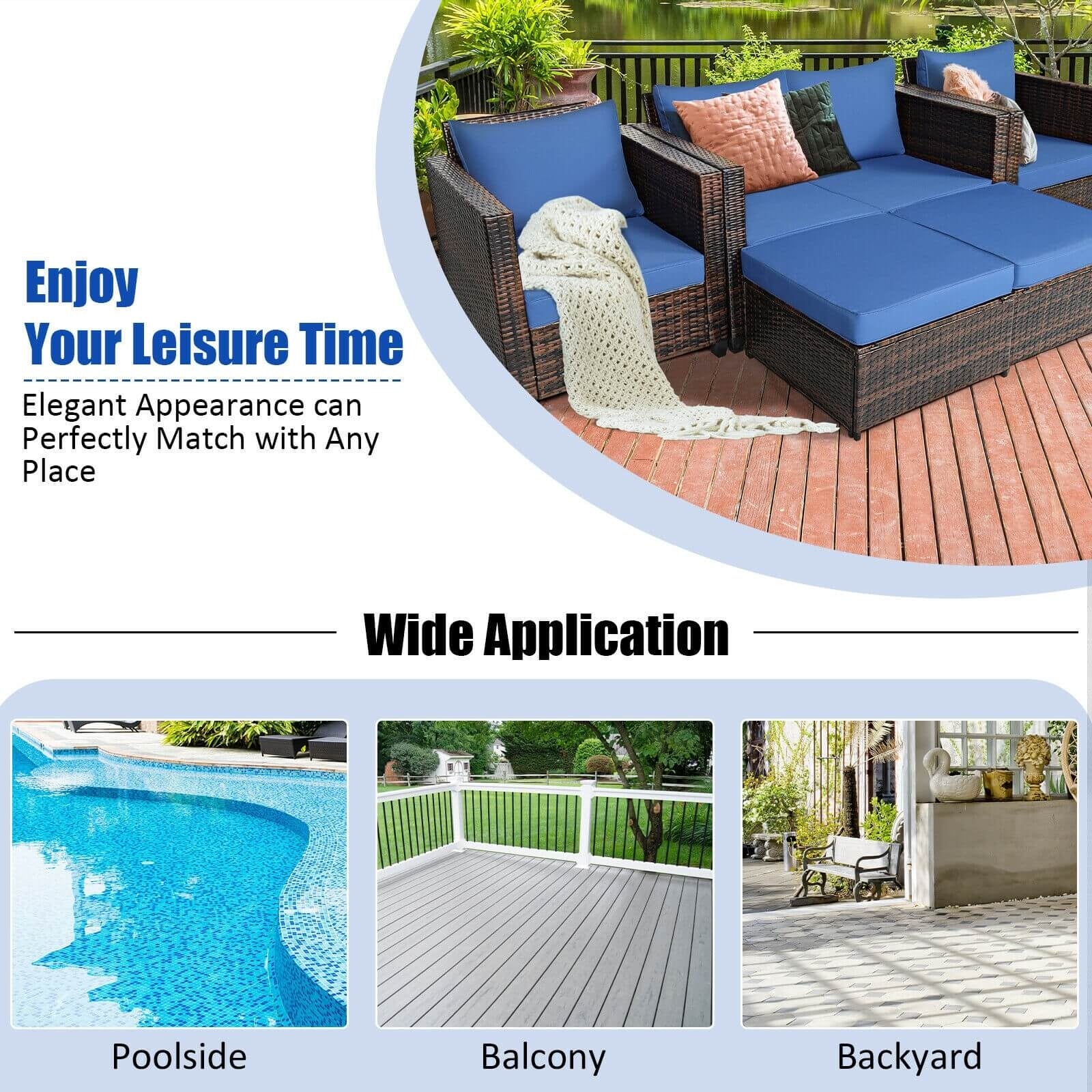 5 Piece Patio Cushioned Rattan Furniture Set, Navy Outdoor Sectionals at Gallery Canada