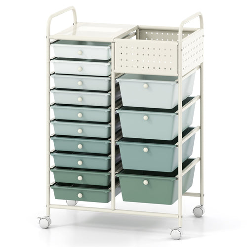 14-Drawer Rolling Storage Cart, Metal Tabletop, Pegboard, Green