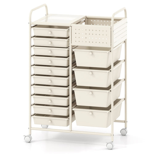 14-Drawer Rolling Storage Cart With Metal Tabletop, White