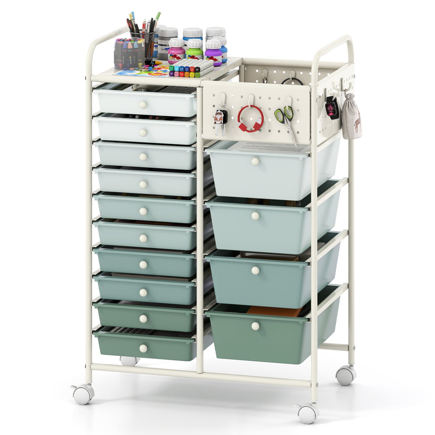 14-Drawer Rolling Storage Cart, Metal Tabletop, Pegboard, Green File Cabinets at Gallery Canada