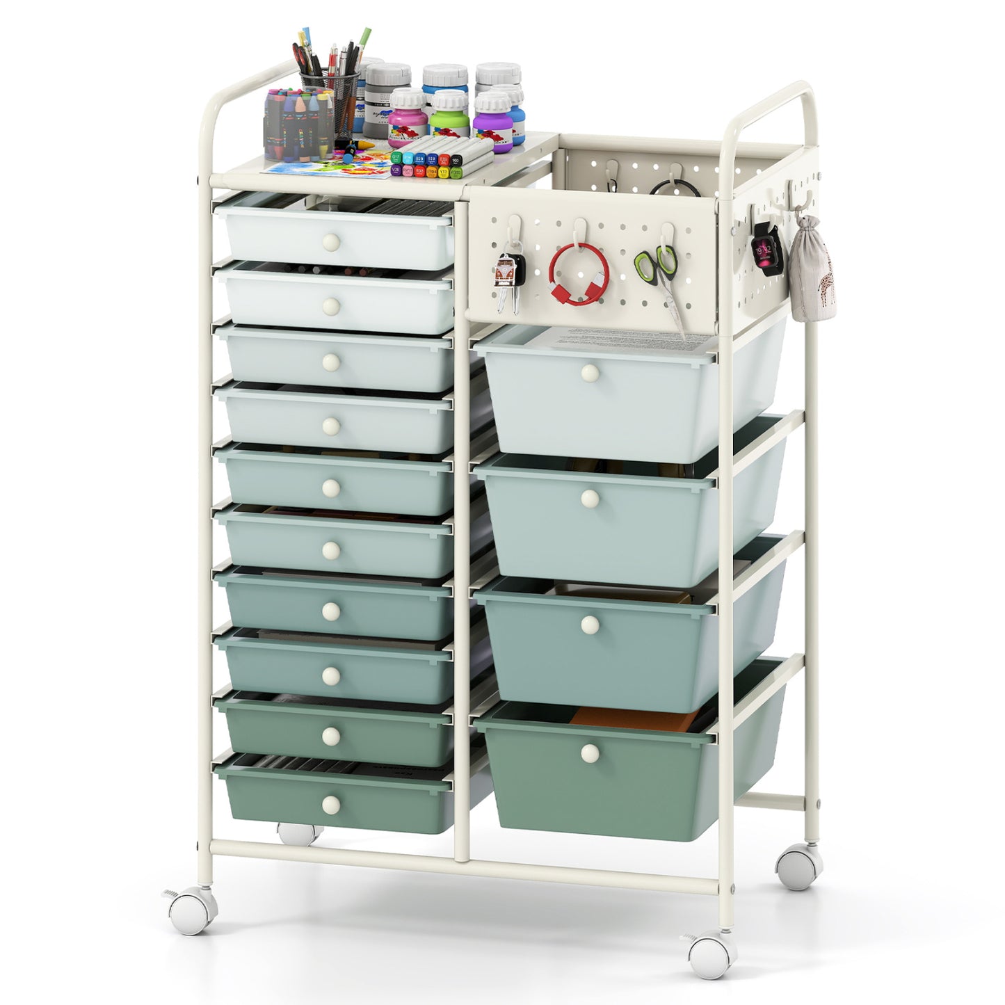 14-Drawer Rolling Storage Cart, Metal Tabletop, Pegboard, Green File Cabinets at Gallery Canada