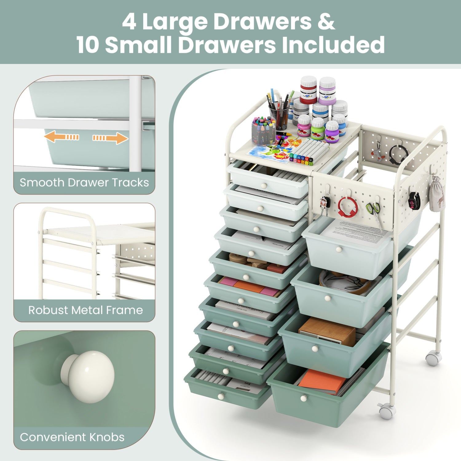 14-Drawer Rolling Storage Cart, Metal Tabletop, Pegboard, Green File Cabinets at Gallery Canada