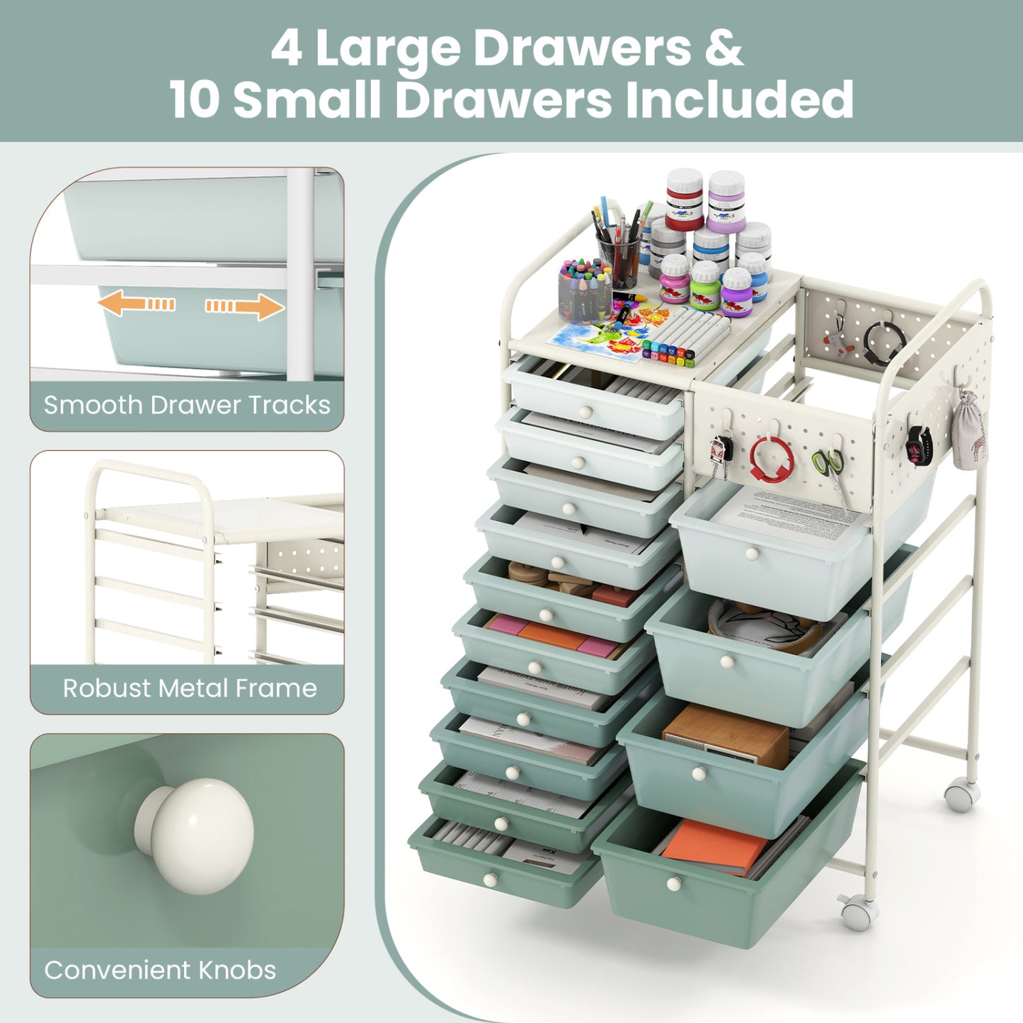 14-Drawer Rolling Storage Cart, Metal Tabletop, Pegboard, Green File Cabinets at Gallery Canada