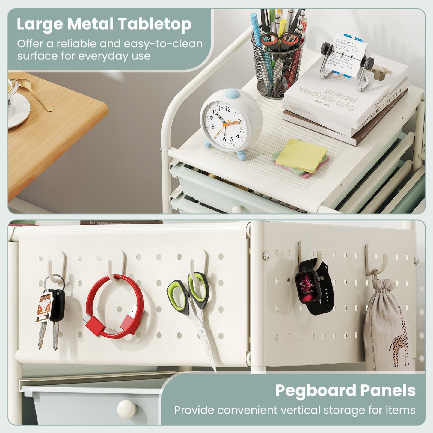 14-Drawer Rolling Storage Cart, Metal Tabletop, Pegboard, Green File Cabinets at Gallery Canada