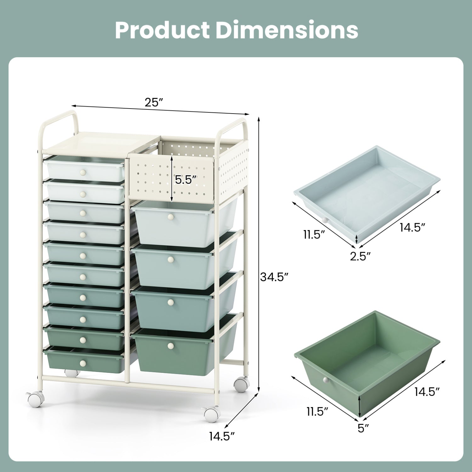 14-Drawer Rolling Storage Cart, Metal Tabletop, Pegboard, Green File Cabinets at Gallery Canada