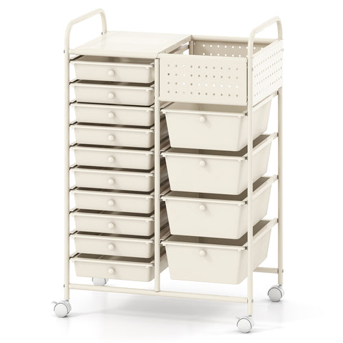 14-Drawer Rolling Storage Cart With Metal Tabletop, White