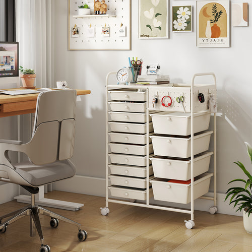 14-Drawer Rolling Storage Cart With Metal Tabletop, White