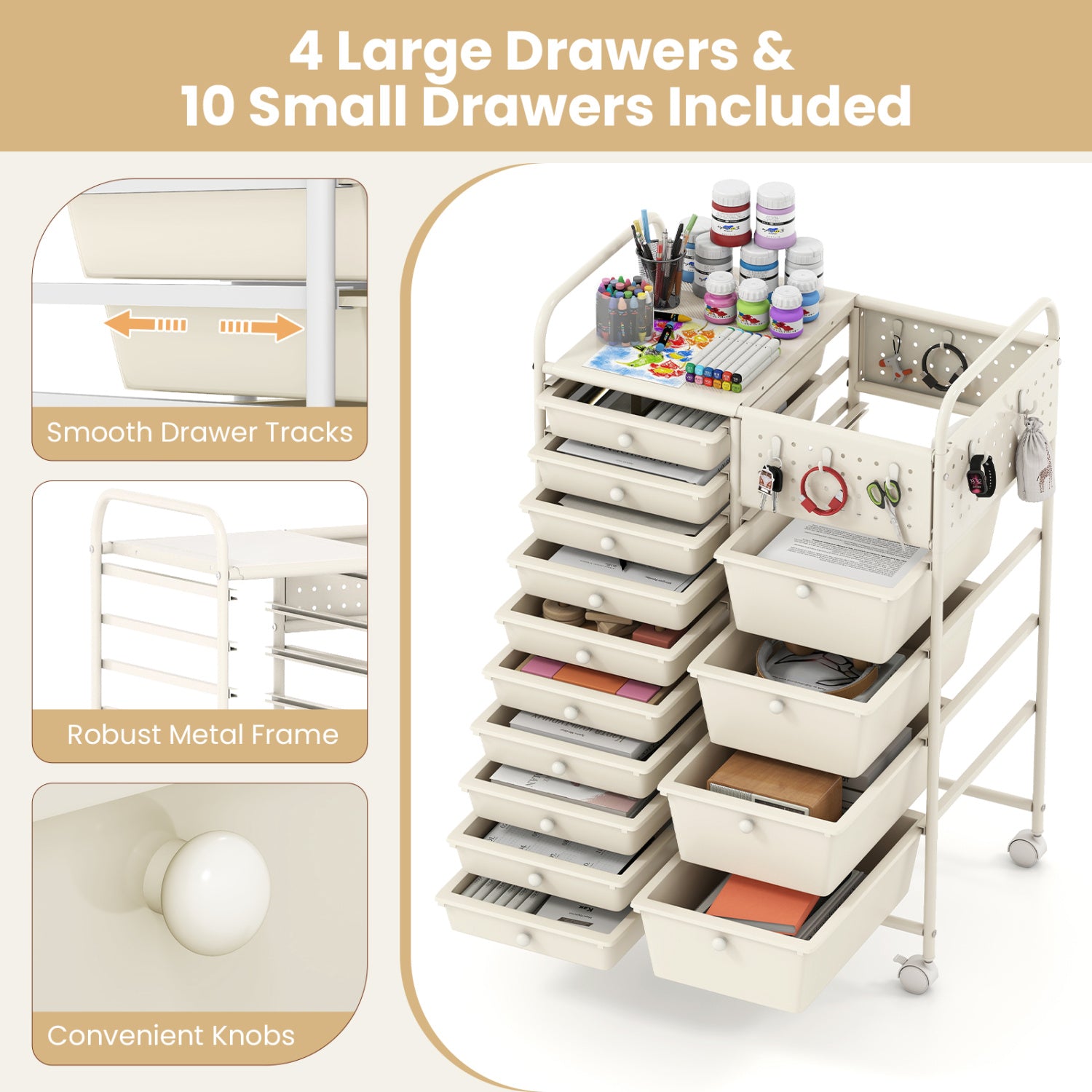 14-Drawer Rolling Storage Cart With Metal Tabletop, White File Cabinets at Gallery Canada