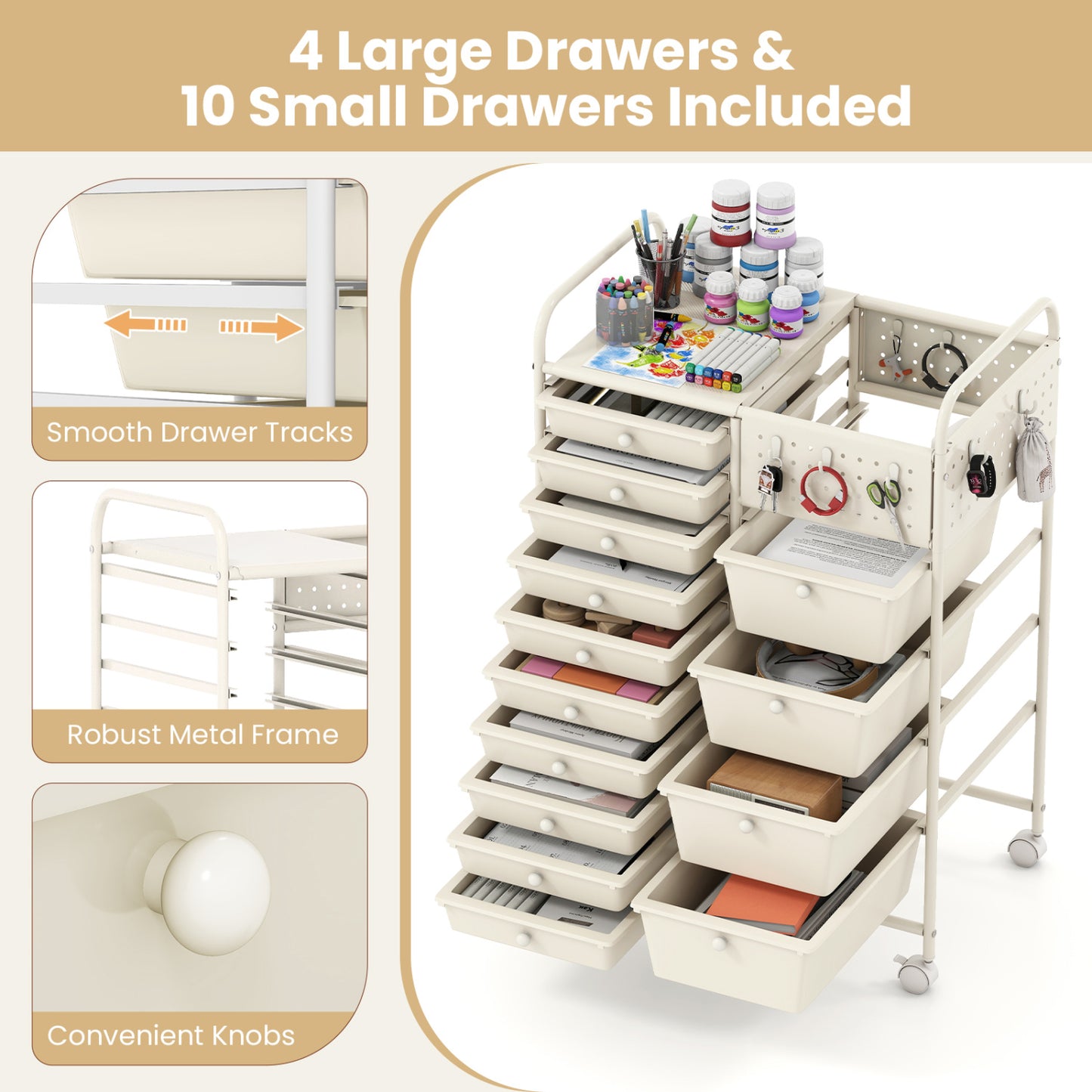 14-Drawer Rolling Storage Cart With Metal Tabletop, White File Cabinets at Gallery Canada