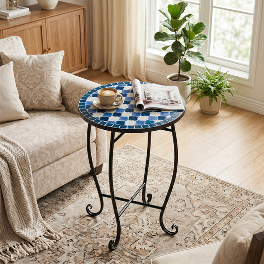 14" Floral Clover/Blooming Lotus/Bright Sunflower Mosaic Patio Accent Coffee End Table, Blue Patio Coffee Tables Blue at Gallery Canada