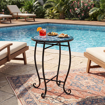 14" Floral Clover/Blooming Lotus/Bright Sunflower Mosaic Patio Accent Coffee End Table, Blue Patio Coffee Tables at Gallery Canada