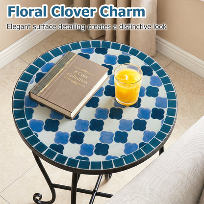 14" Floral Clover/Blooming Lotus/Bright Sunflower Mosaic Patio Accent Coffee End Table, Blue Patio Coffee Tables at Gallery Canada