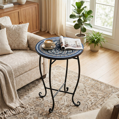 14" Floral Clover/Blooming Lotus/Bright Sunflower Mosaic Patio Accent Coffee End Table, White Patio Coffee Tables at Gallery Canada