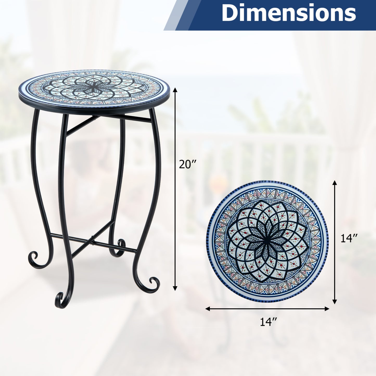 14" Floral Clover/Blooming Lotus/Bright Sunflower Mosaic Patio Accent Coffee End Table, White Patio Coffee Tables at Gallery Canada