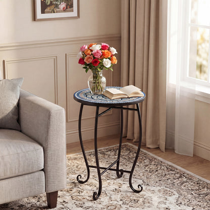 14" Floral Clover/Blooming Lotus/Bright Sunflower Mosaic Patio Accent Coffee End Table, White Patio Coffee Tables at Gallery Canada