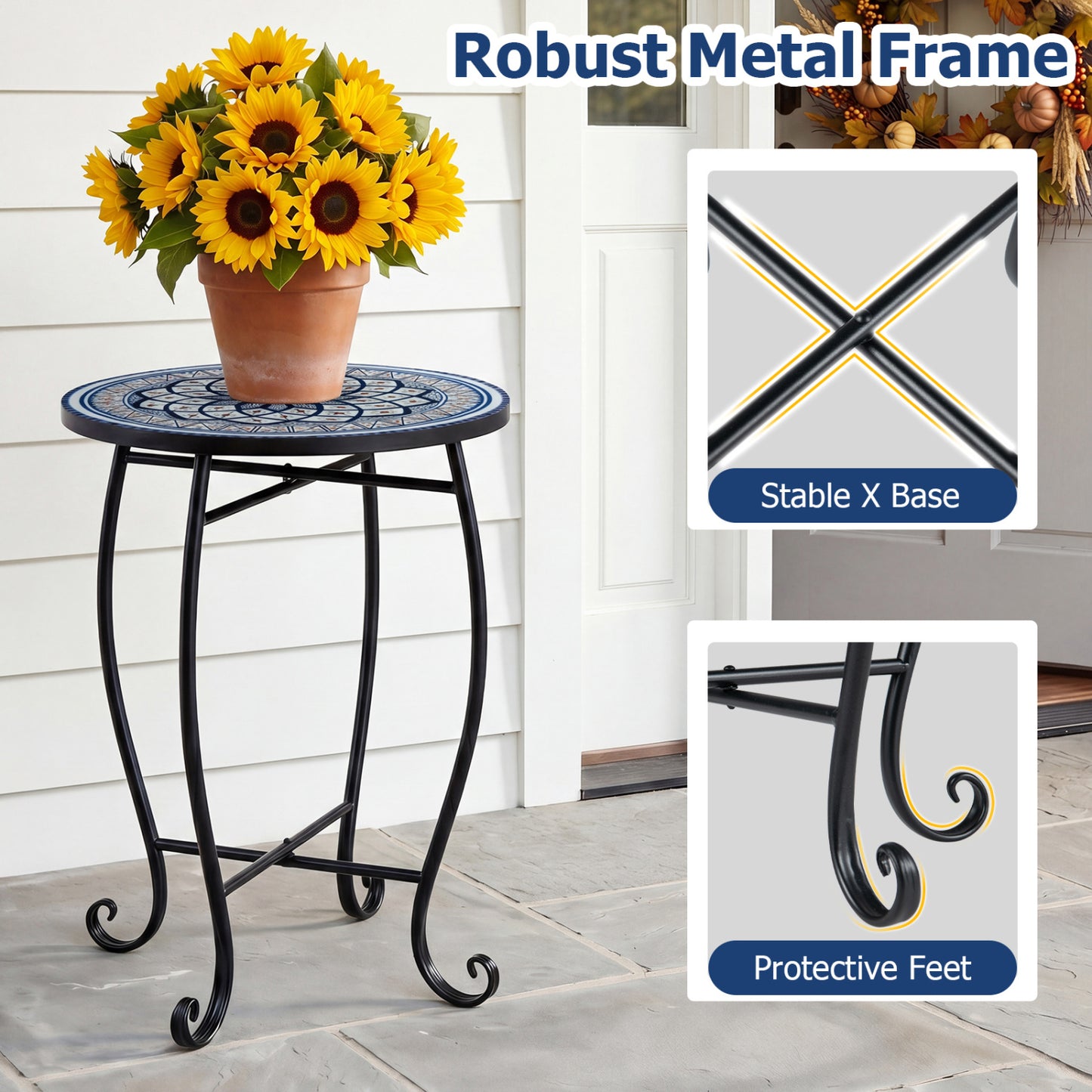 14" Floral Clover/Blooming Lotus/Bright Sunflower Mosaic Patio Accent Coffee End Table, White Patio Coffee Tables at Gallery Canada