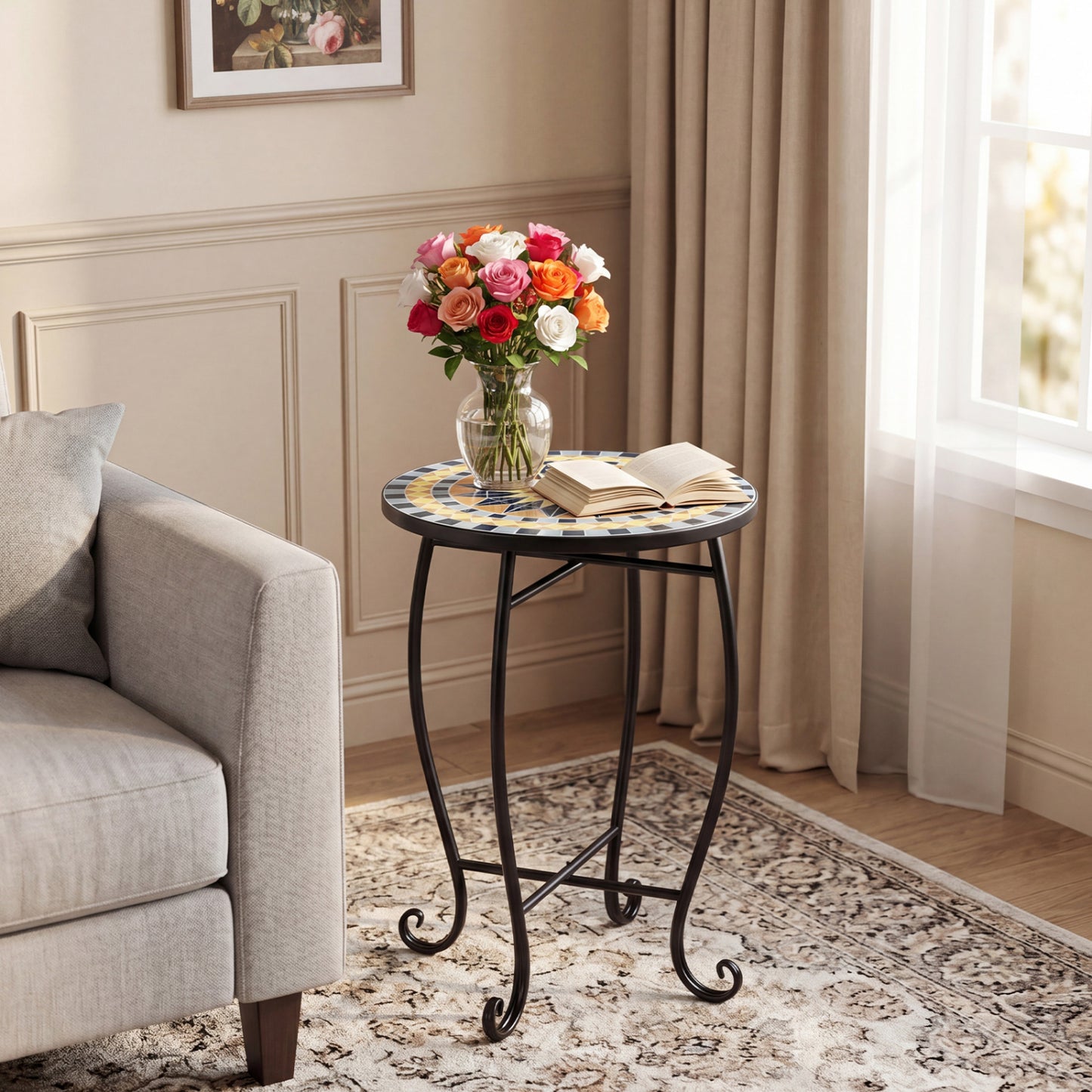 14" Floral Clover/Blooming Lotus/Bright Sunflower Mosaic Patio Accent Coffee End Table, Yellow Patio Coffee Tables at Gallery Canada