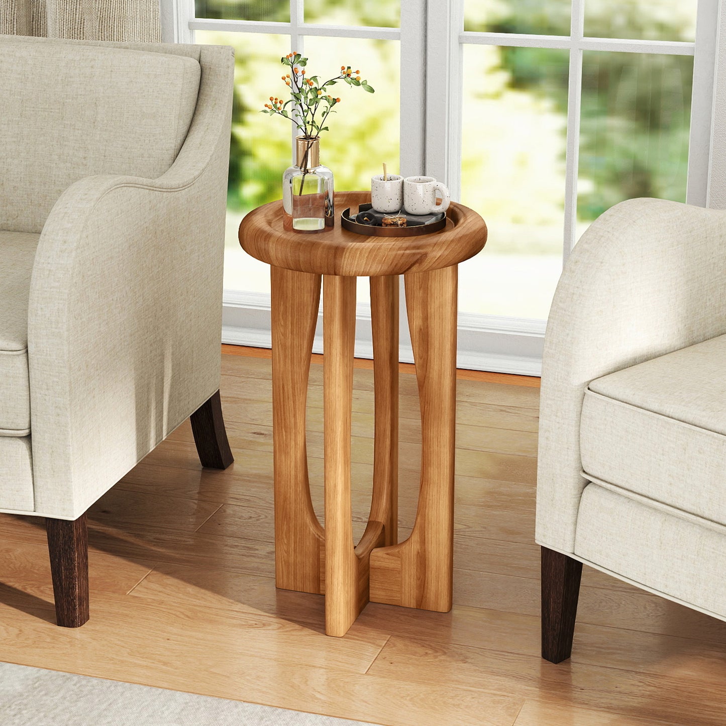 14 Inch Farmhouse End Table with Round Tray Top and Wood Cross Legs, Natural End & Side Tables at Gallery Canada