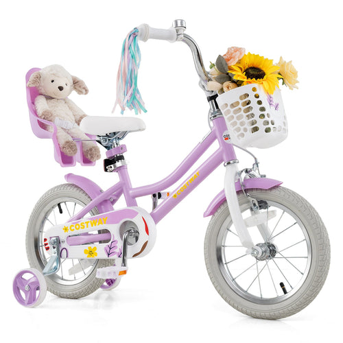 14 Inch Girls Bike, Doll Seat, Streamers, Kids 3-5 Years, Purple