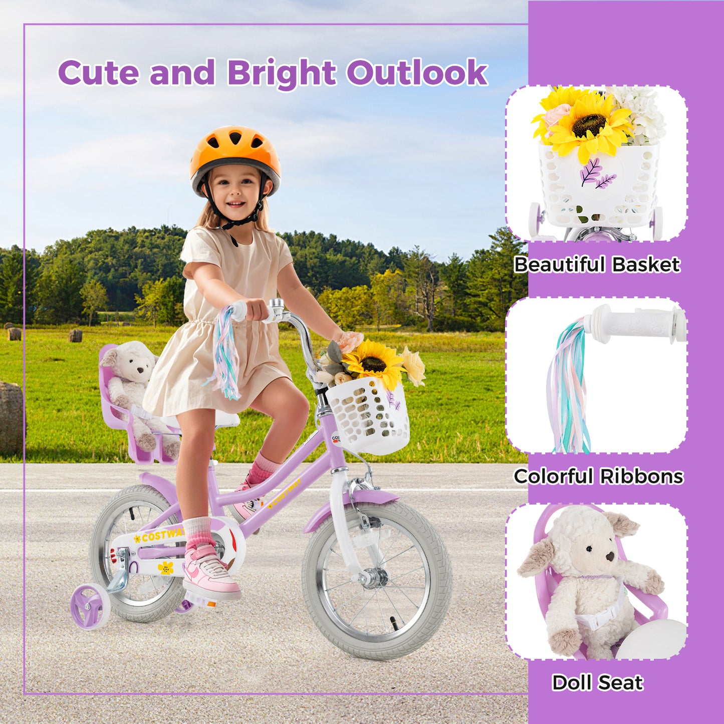 14 Inch Girls Bike, Doll Seat, Streamers, Kids 3-5 Years, Purple Kids Bike at Gallery Canada