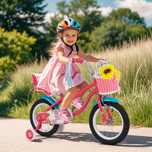 14 Inch Girls Bike, For 3-5 Years Old, With Doll Seat And Training Wheels, Pink