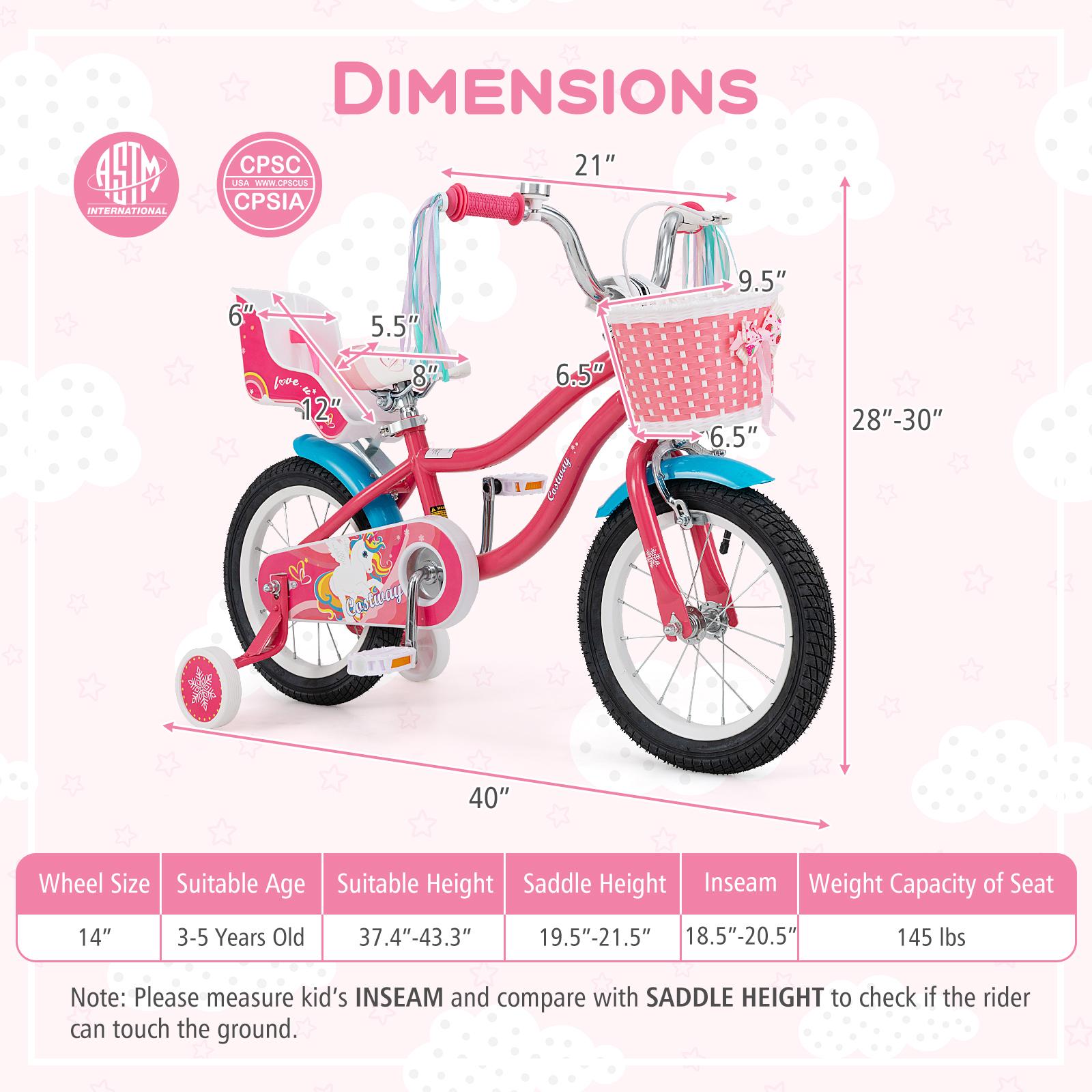 14 Inch Girls Bike, For 3-5 Years Old, With Doll Seat And Training Wheels, Pink Kids Bike at Gallery Canada