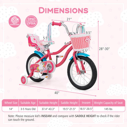 14 Inch Girls Bike, For 3-5 Years Old, With Doll Seat And Training Wheels, Pink Kids Bike at Gallery Canada