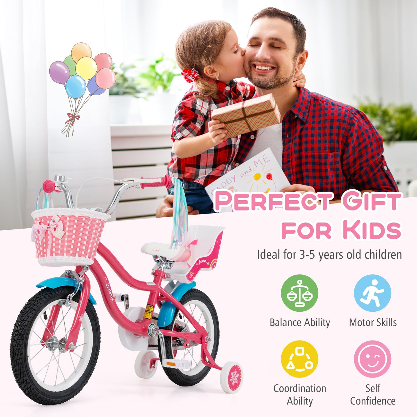 14 Inch Girls Bike, For 3-5 Years Old, With Doll Seat And Training Wheels, Pink Kids Bike at Gallery Canada