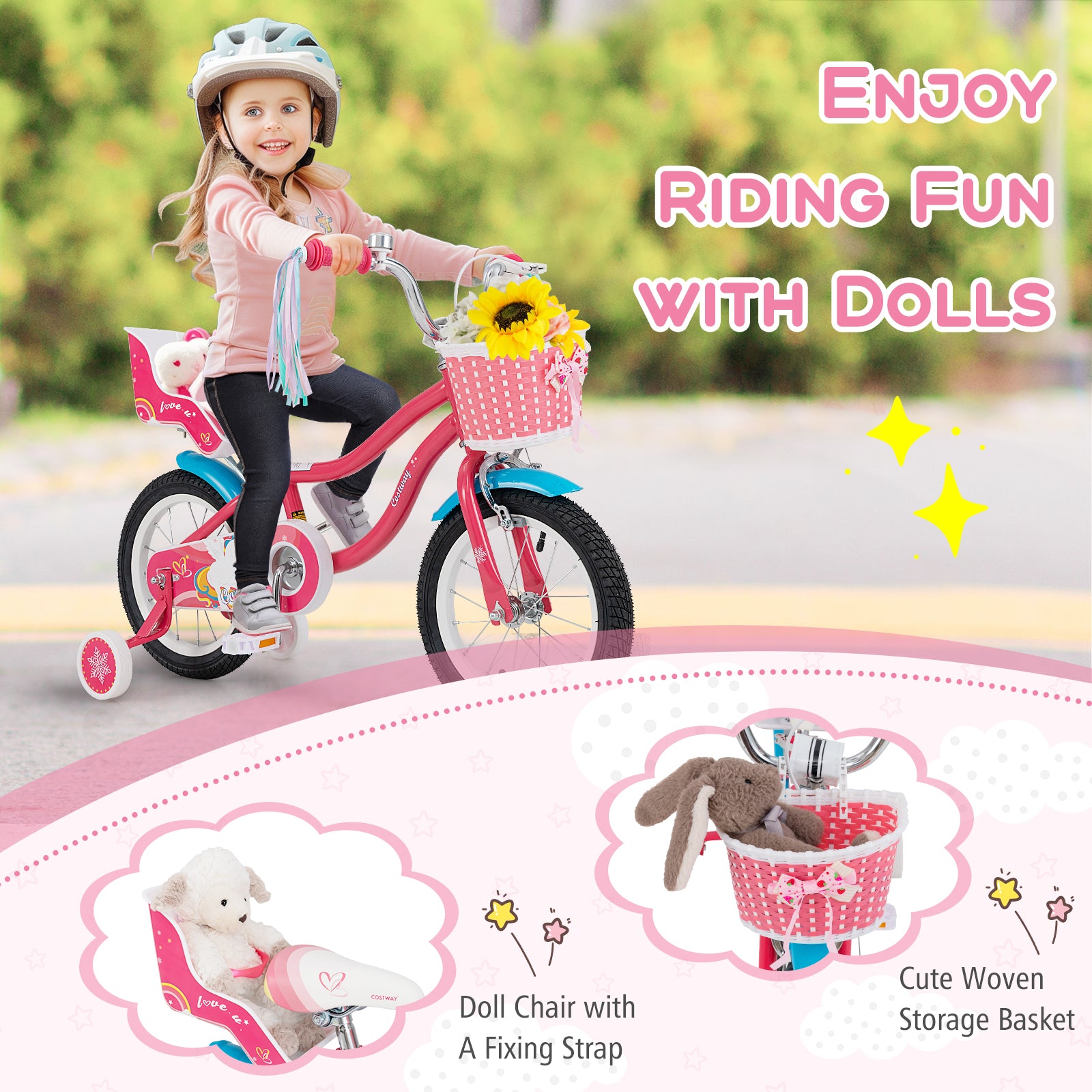 14 Inch Girls Bike, For 3-5 Years Old, With Doll Seat And Training Wheels, Pink Kids Bike at Gallery Canada