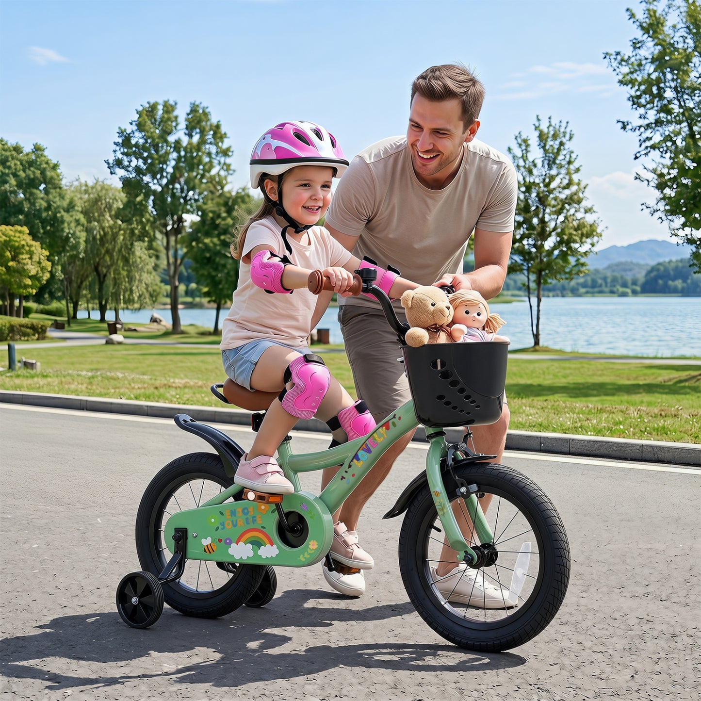 Vélo de fille 14 pouces avec panier, vert