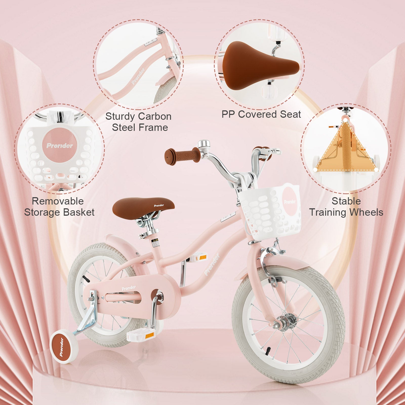 14 Inch Kid's Bike with Removable Training Wheels and Basket, Pink Kids Bike at Gallery Canada