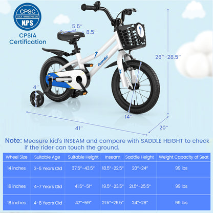 14 Inch Kids Bike Adjustable with 2 Training Wheels for 3-5 Years Old, White Kids Bike at Gallery Canada