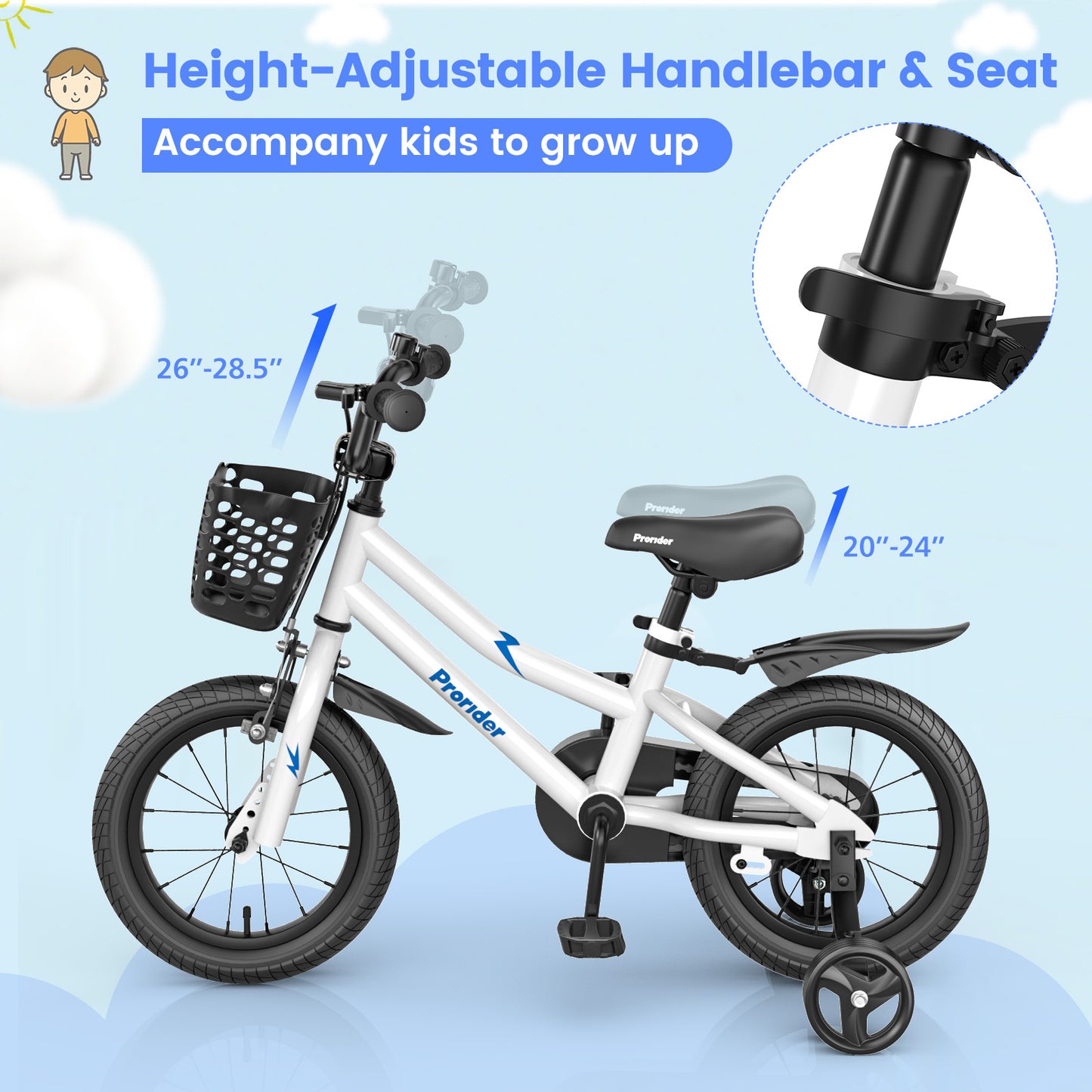 14 Inch Kids Bike Adjustable with 2 Training Wheels for 3-5 Years Old, White Kids Bike at Gallery Canada