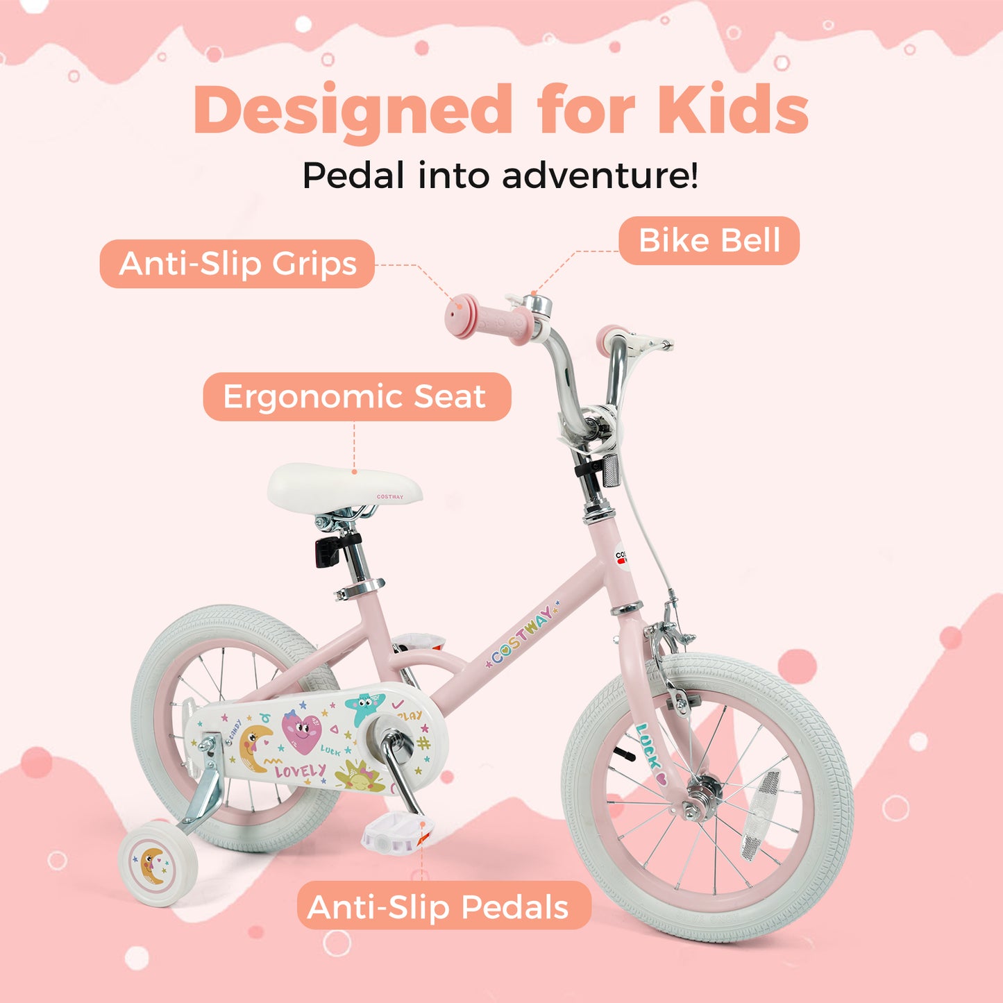 14 Inch Kids Bike Adjustable for 3-8 Years Old Children Pink - Stars & Moon, Pink Kids Bike at Gallery Canada