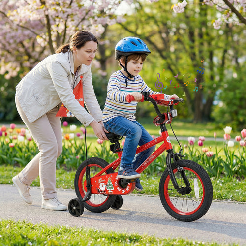 14 Inch Kids Bike Adjustable with Christmas Music & Flag for Aged 4-5 Years Old, Red