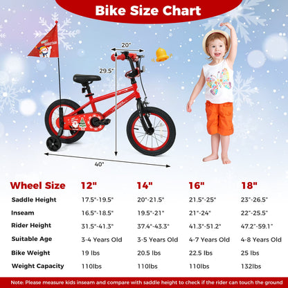 14 Inch Kids Bike Adjustable with Christmas Music & Flag for Aged 4-5 Years Old, Red