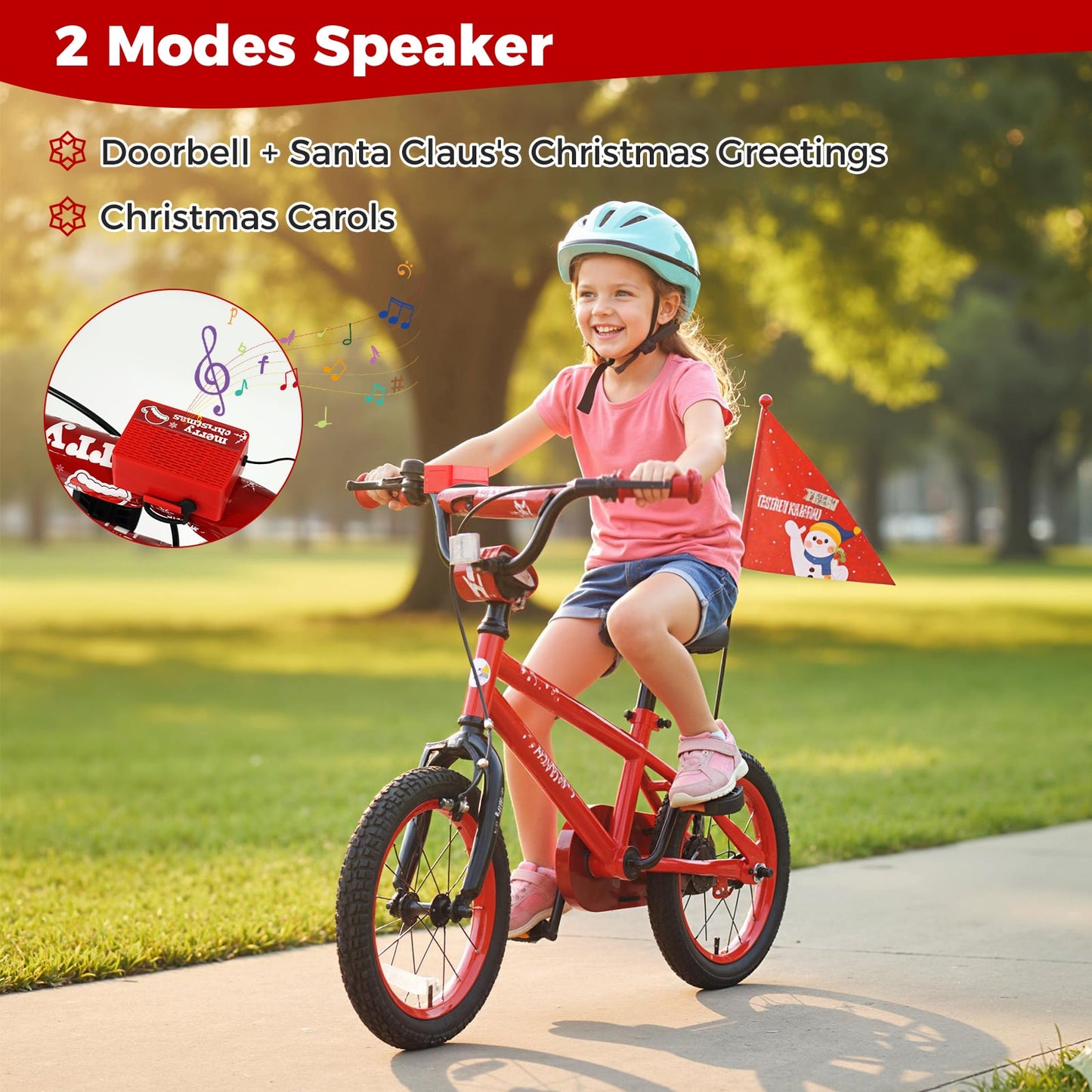 14 Inch Kids Bike Adjustable with Christmas Music & Flag for Aged 4-5 Years Old, Red