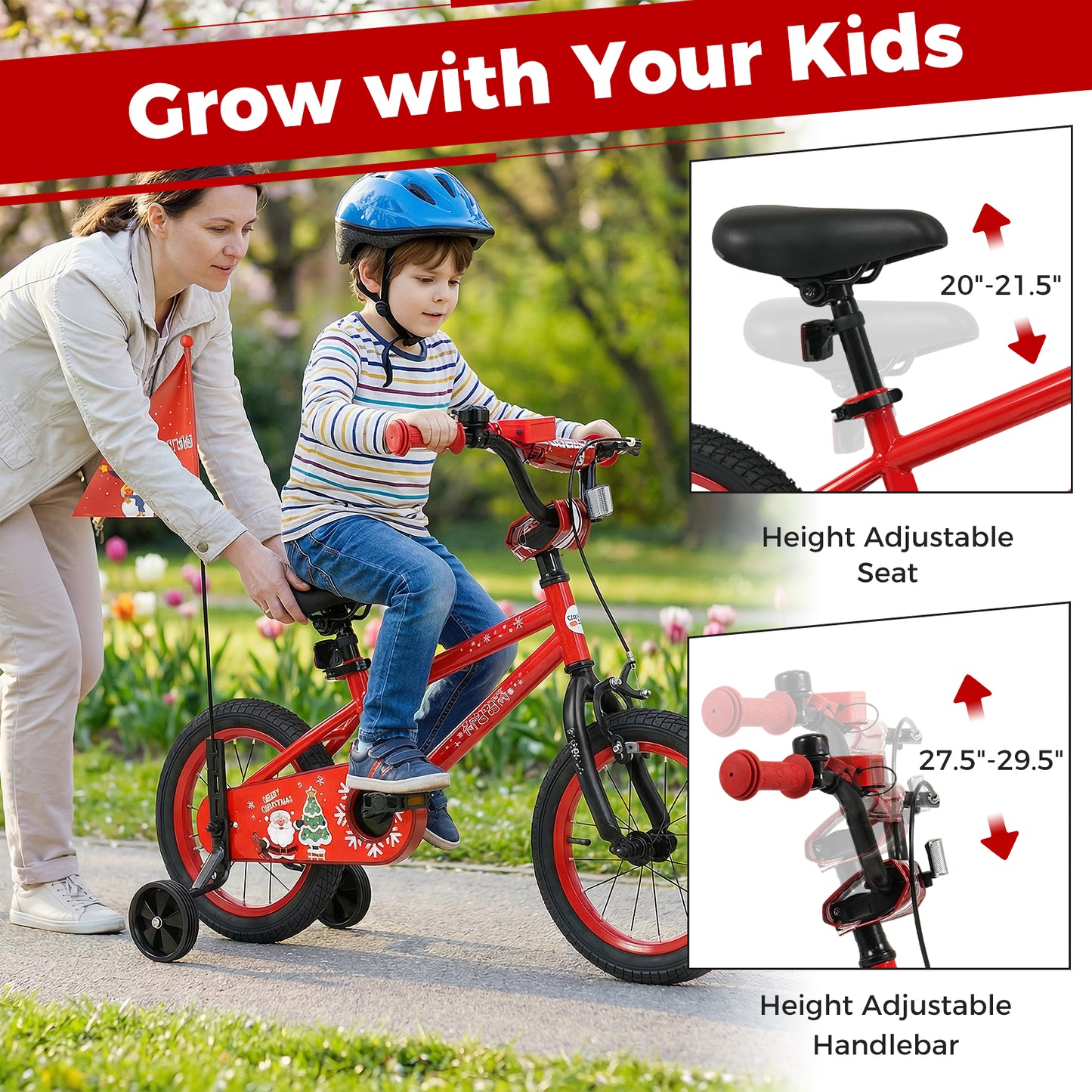 14 Inch Kids Bike Adjustable with Christmas Music & Flag for Aged 4-5 Years Old, Red