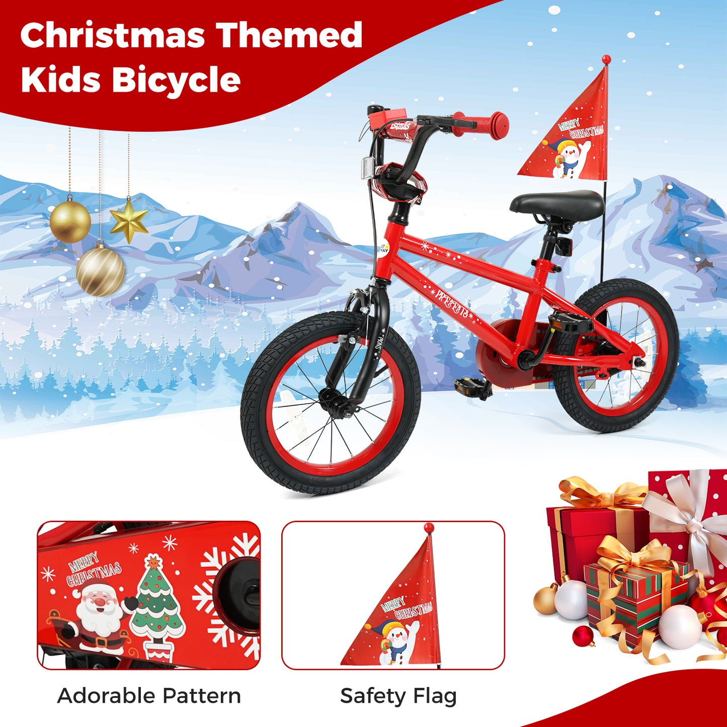 14 Inch Kids Bike Adjustable with Christmas Music & Flag for Aged 4-5 Years Old, Red