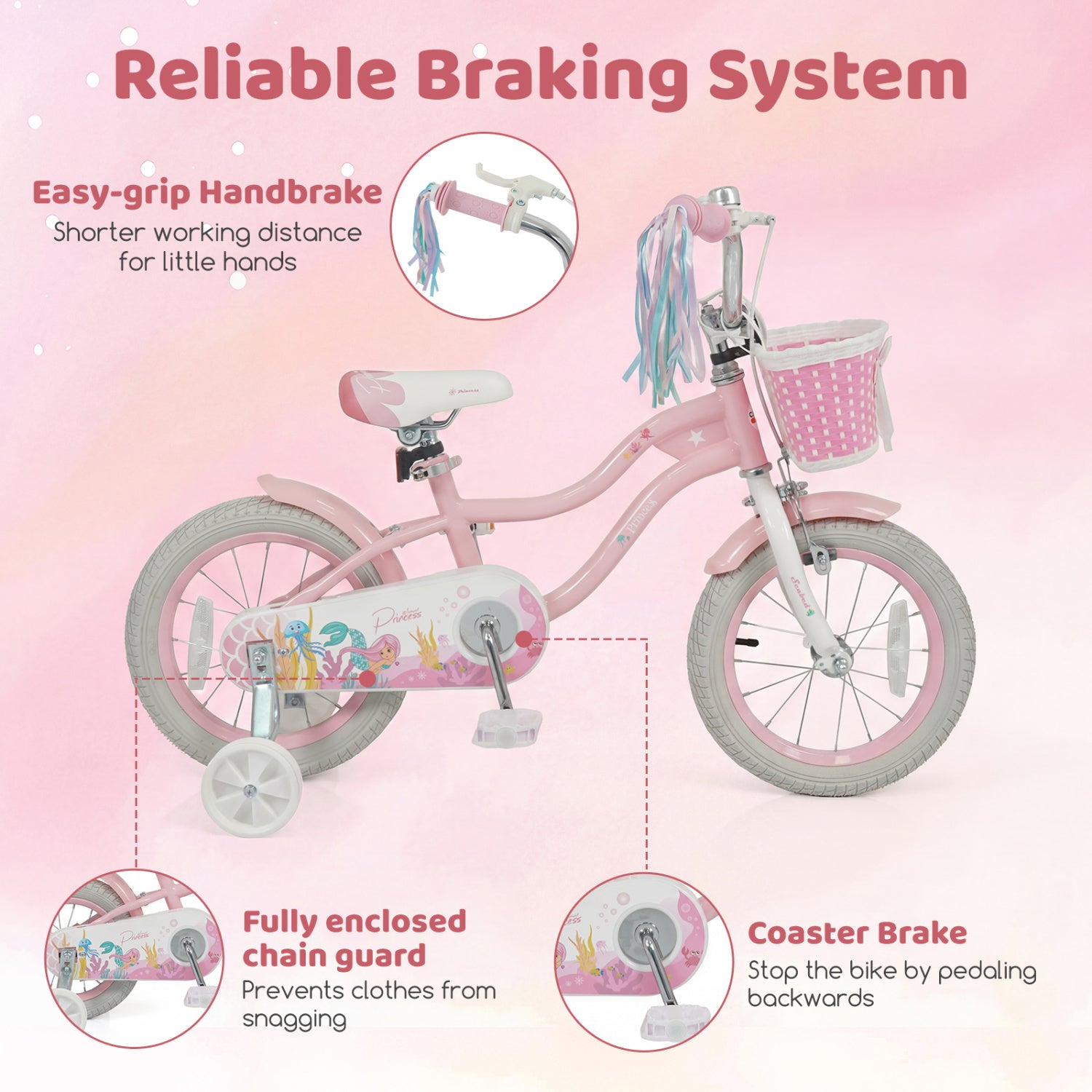 14 Inch Kids Bike Adjustable with Basket and Streamers for Girls Aged 3-5 Years Old Pink, Pink Kids Bike at Gallery Canada