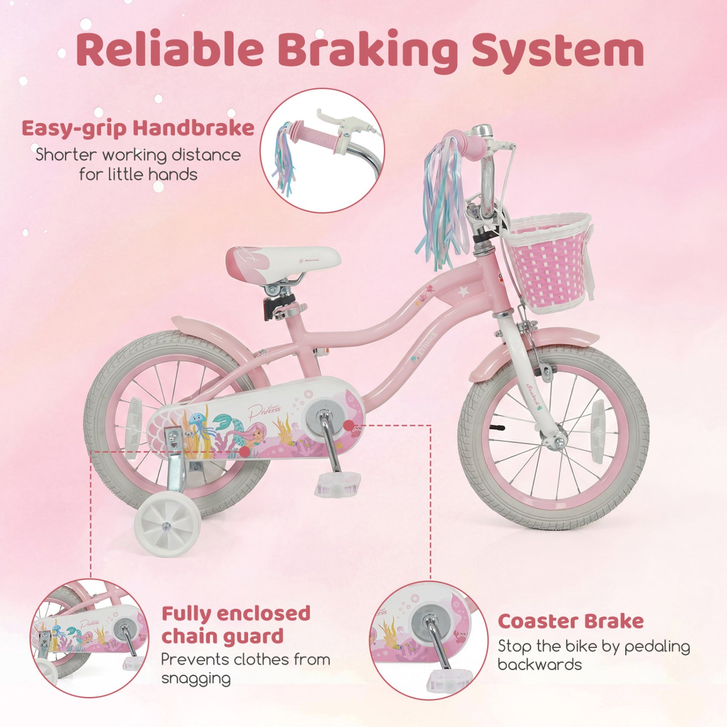14 Inch Kids Bike Adjustable with Basket and Streamers for Girls Aged 3-5 Years Old Pink, Pink Kids Bike at Gallery Canada