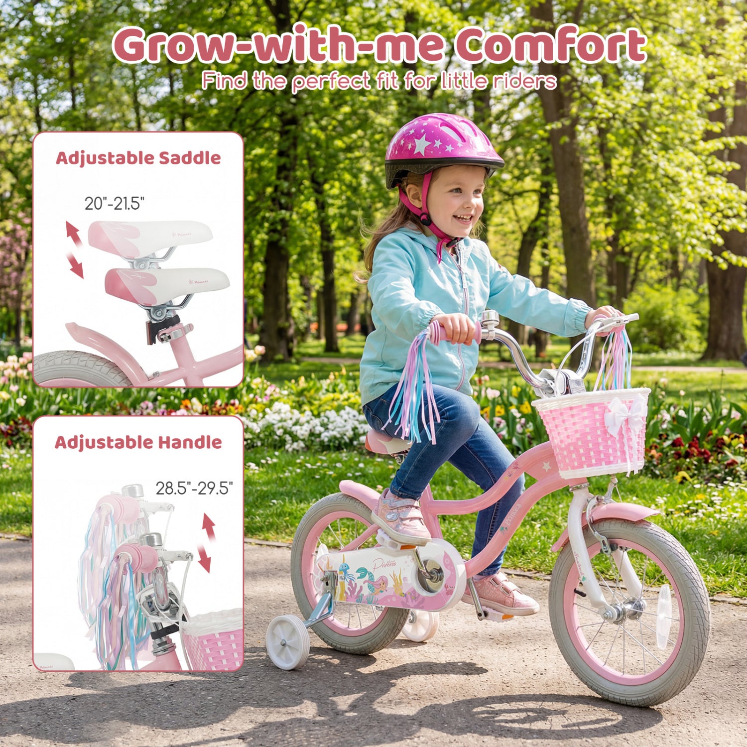 14 Inch Kids Bike Adjustable with Basket and Streamers for Girls Aged 3-5 Years Old Pink, Pink Kids Bike at Gallery Canada