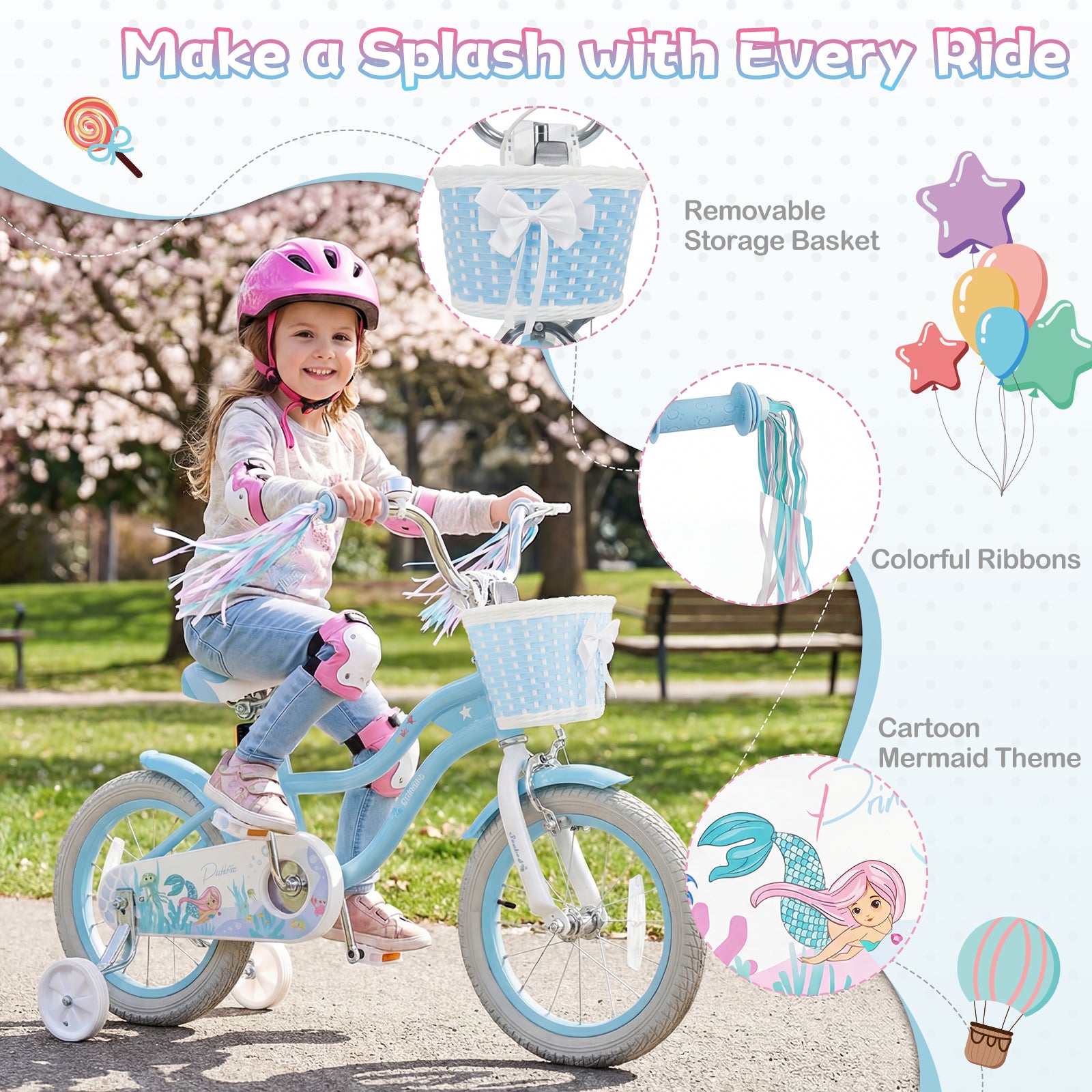 14 Inch Kids Bike, Adjustable With Basket, Princess Of The Sea Theme, Blue Kids Bike at Gallery Canada
