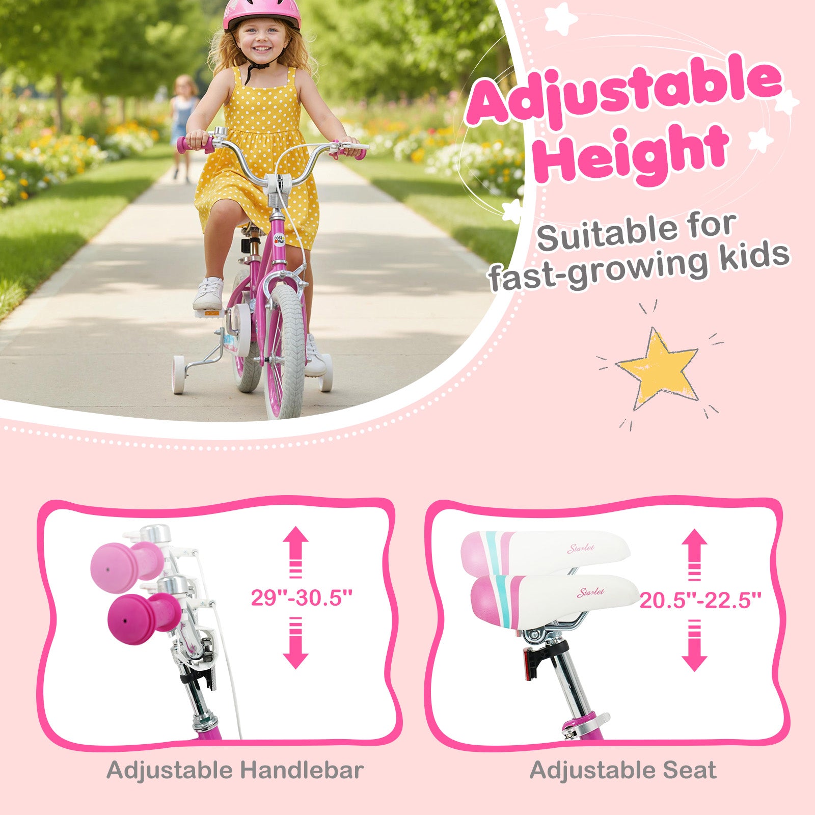 14 Inch Kids Bike for Aged 3-8 Years Old with Adjustable Handlebar Pink- Starlight Wave, Pink Kids Bike at Gallery Canada