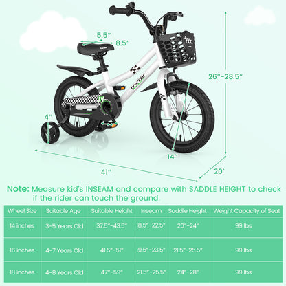 14 Inch Kids Bike with 2 Training Wheels for 3-5 Years Old, Black & White Kids Bike at Gallery Canada